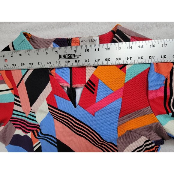 Wesleerose Colorful Geometric Print Long-Sleeve V-Neck Shift Dress Large Stretch - Picture 5 of 8